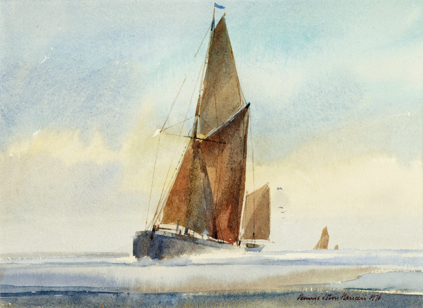 Sprit Sail Barge approaching Rye - watercolour by Dennis Hanceri