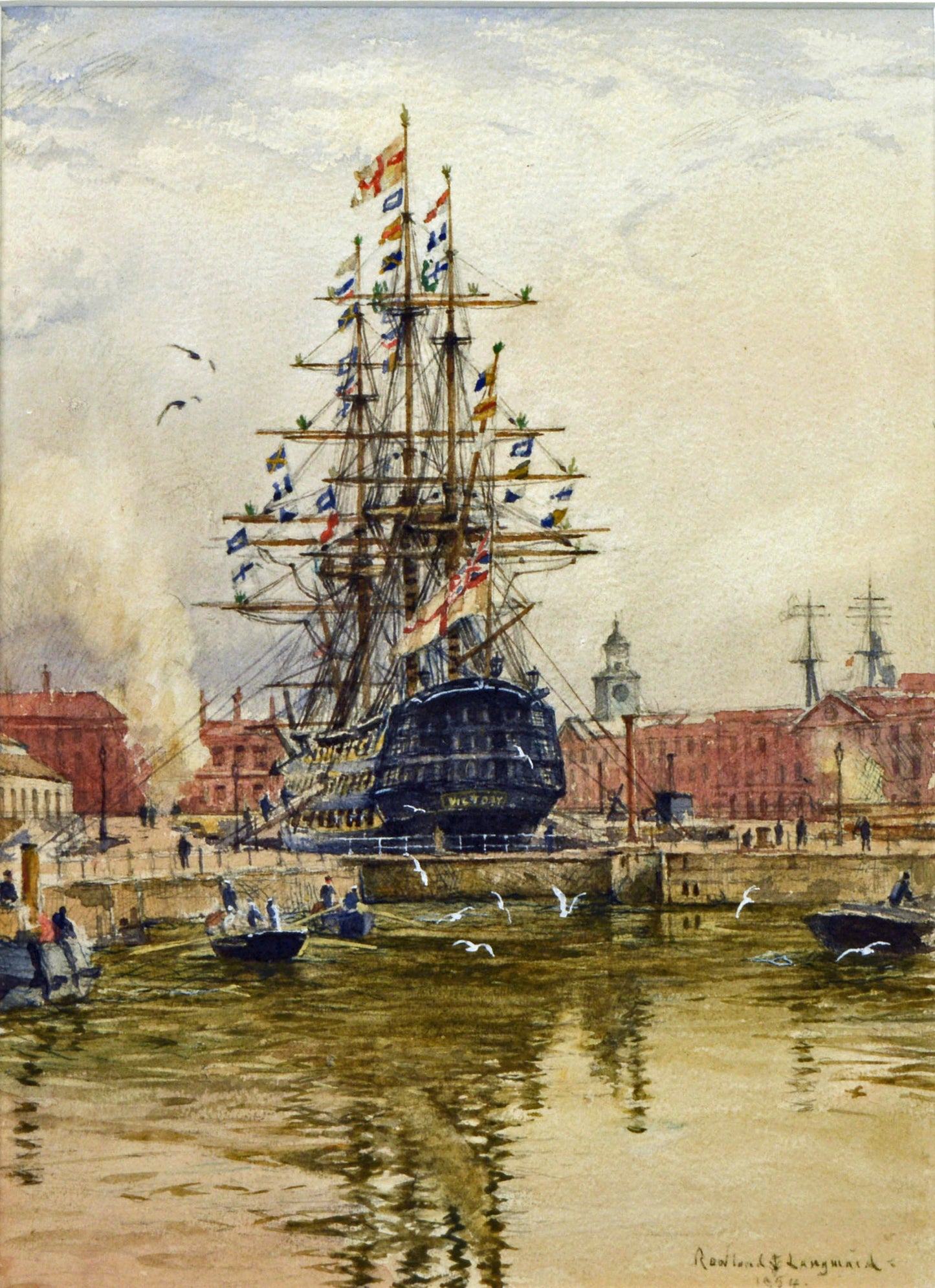 Watercolour of Victory in Dry Dock by Rowland Langmaid, 1954