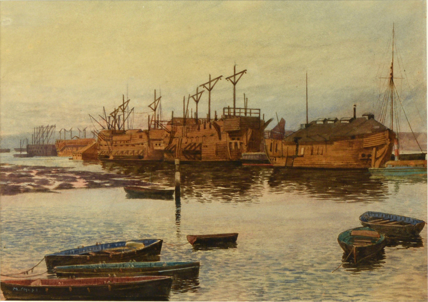 Old Hulks in Portsmouth Harbour - watercolour by Martin Snape