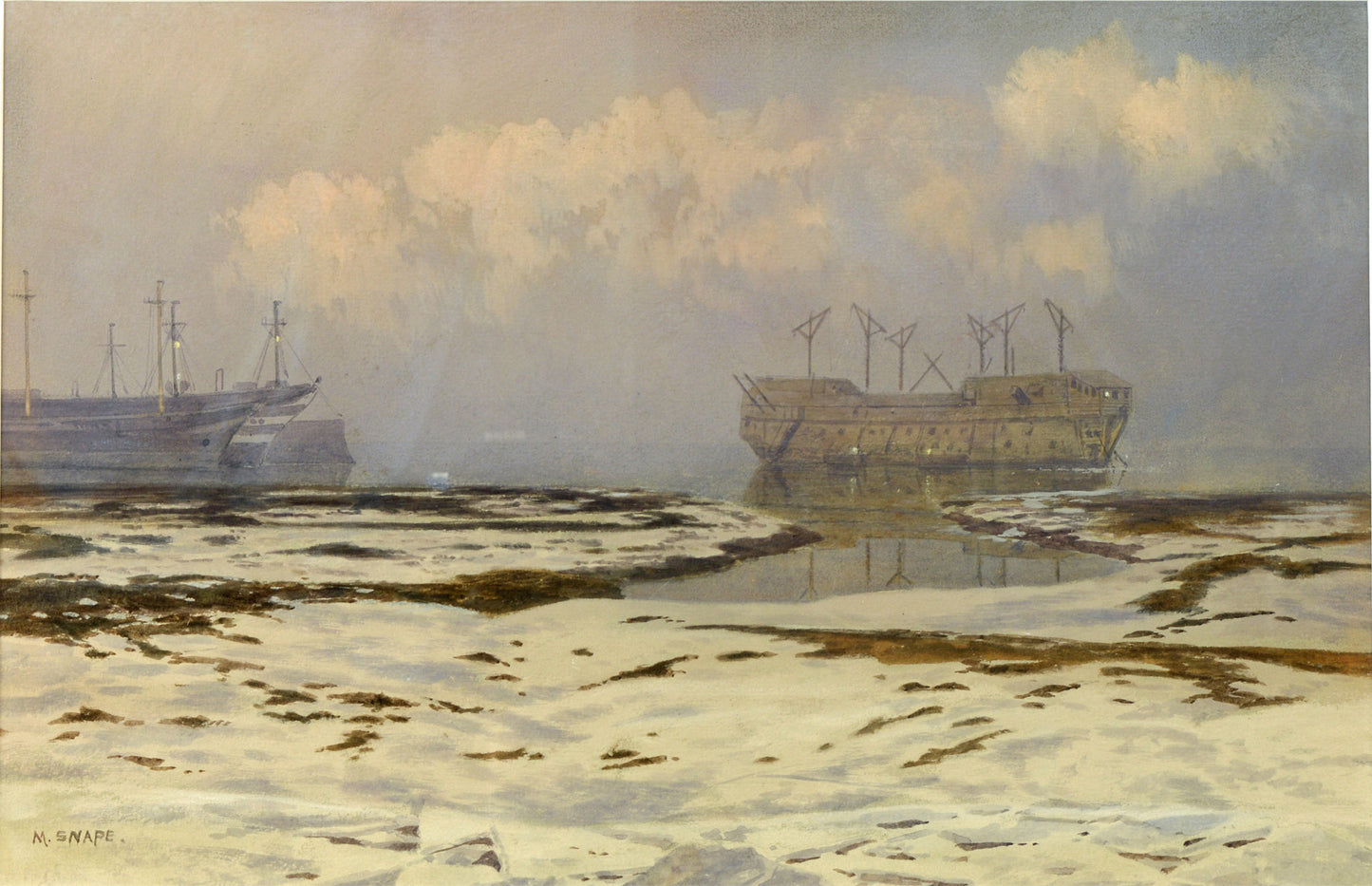 Hulks in a frozen Portsmouth Harbour, from a watercolour by Martin Snape, painted about 1904