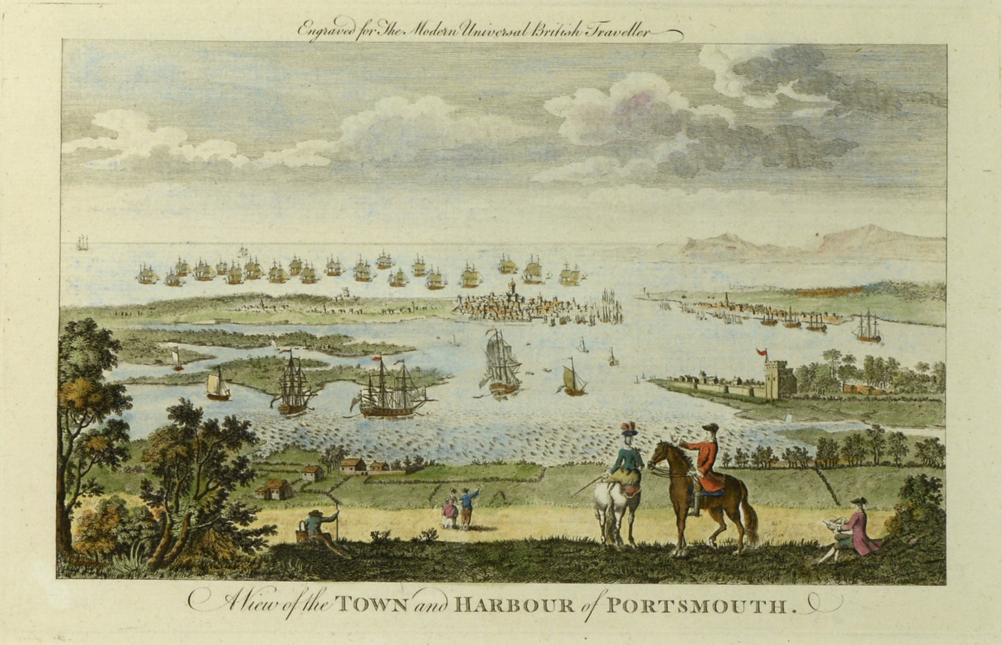 A View of the Town and Harbour of Portsmouth - Antique Engraving