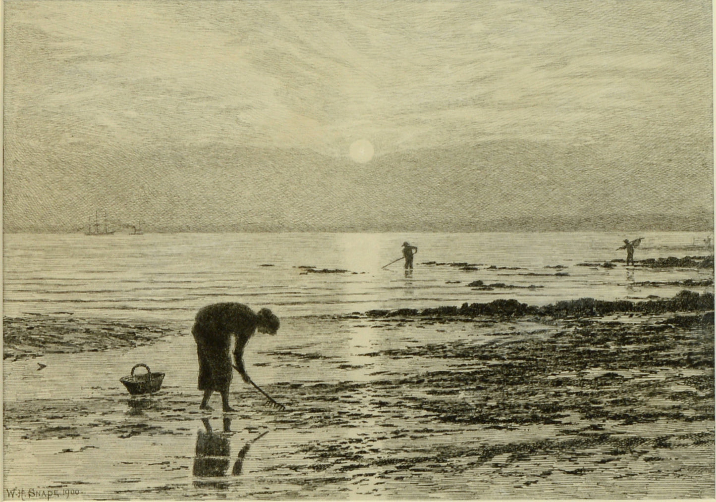 Raking for Cockles, Hill Head - pen and ink drawing by William Hamilton Snape