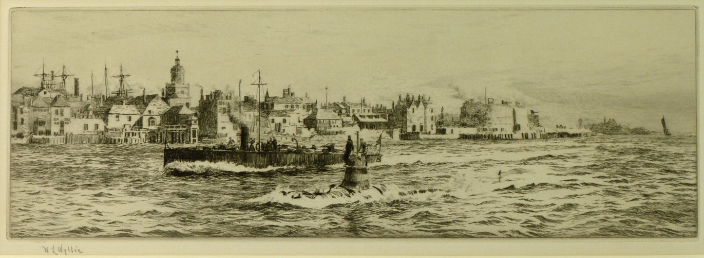 An Early Submarine entering Portsmouth Harbour - signed etching by W.L. Wyllie