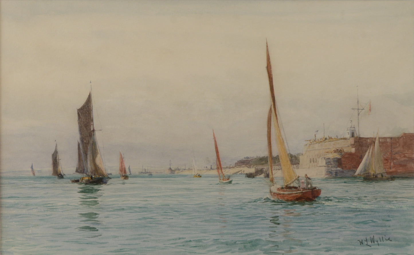 Sailing Craft off Fort Blockhouse, Gosport - signed watercolour by W.L. Wyllie