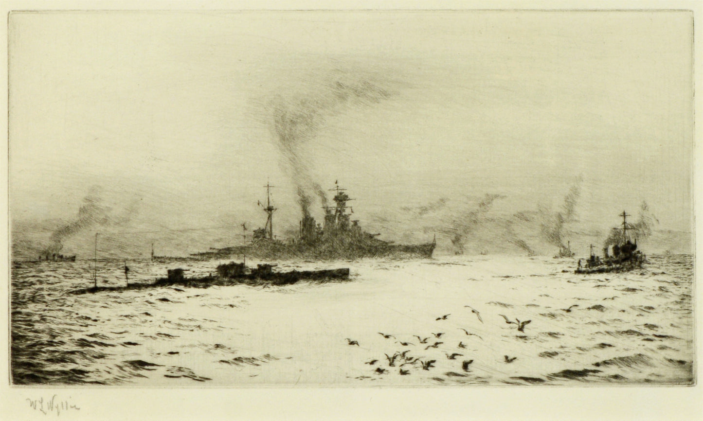 HMS Hood and Submarine X1 - Signed Etching by W.L. Wyllie