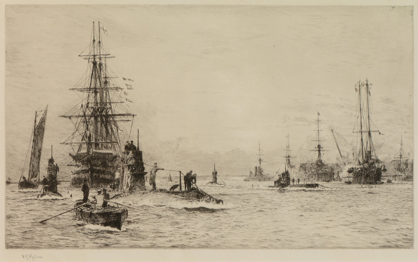 HMS Victory and Early Submarines in Portsmouth Harbour - signed Etching by W.L. Wyllie