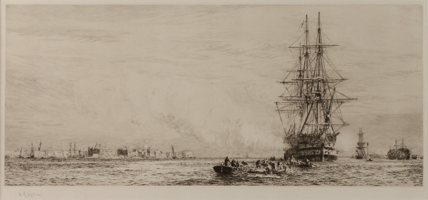 HMS Victory firing a salute in Portsmouth Harbour - signed etching by W.L. Wyllie