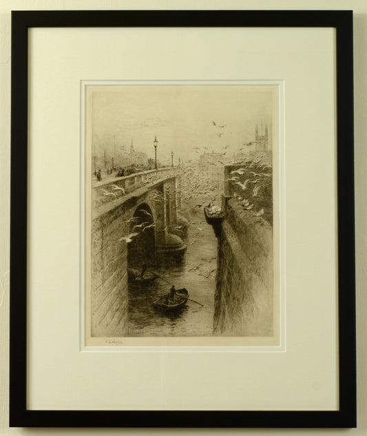 London Bridge and Southwark Cathedral - Signed Etching by W.L. Wyllie