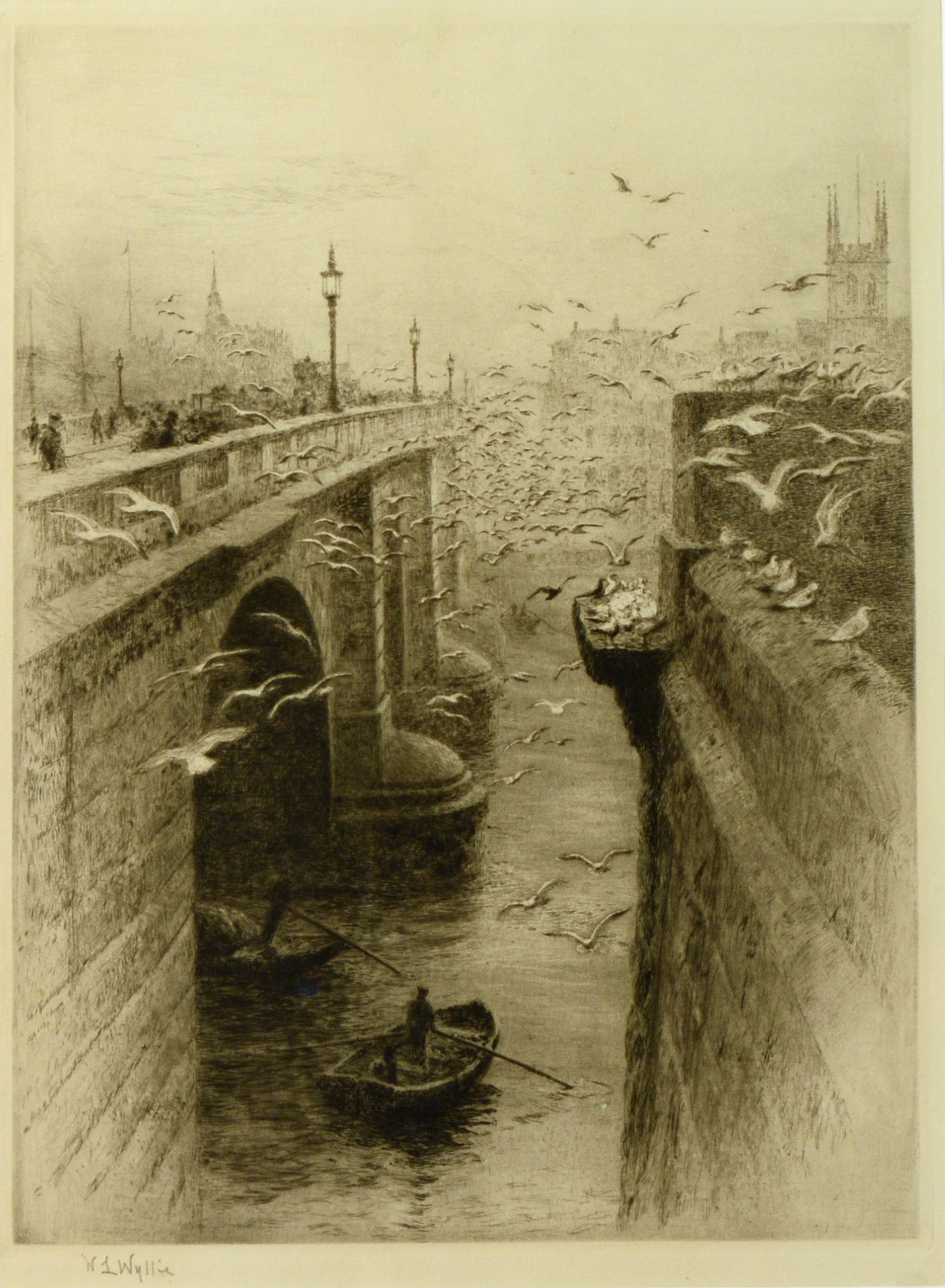 London Bridge and Southwark Cathedral - Signed Etching by W.L. Wyllie