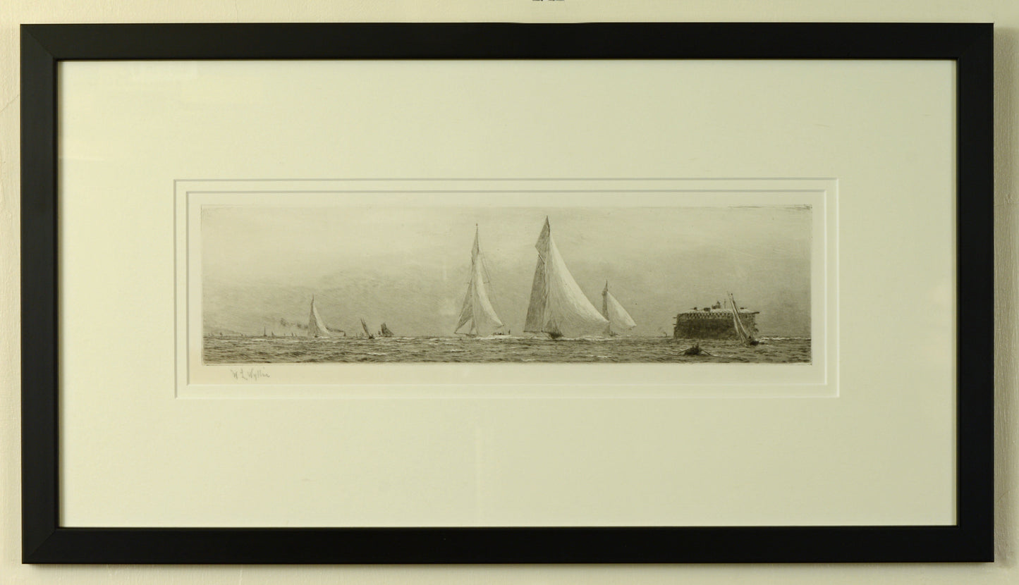 Racing Yachts in the Solent off No Man's Land Fort - Signed Etching by W.L. Wyllie
