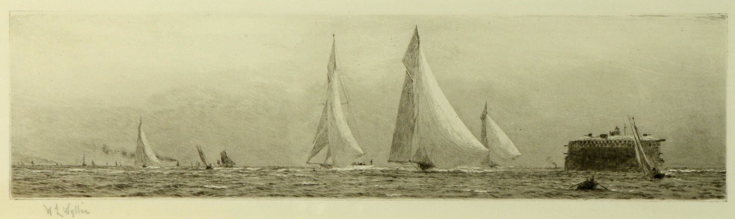 Racing Yachts in the Solent off No Man's Land Fort - Signed Etching by W.L. Wyllie