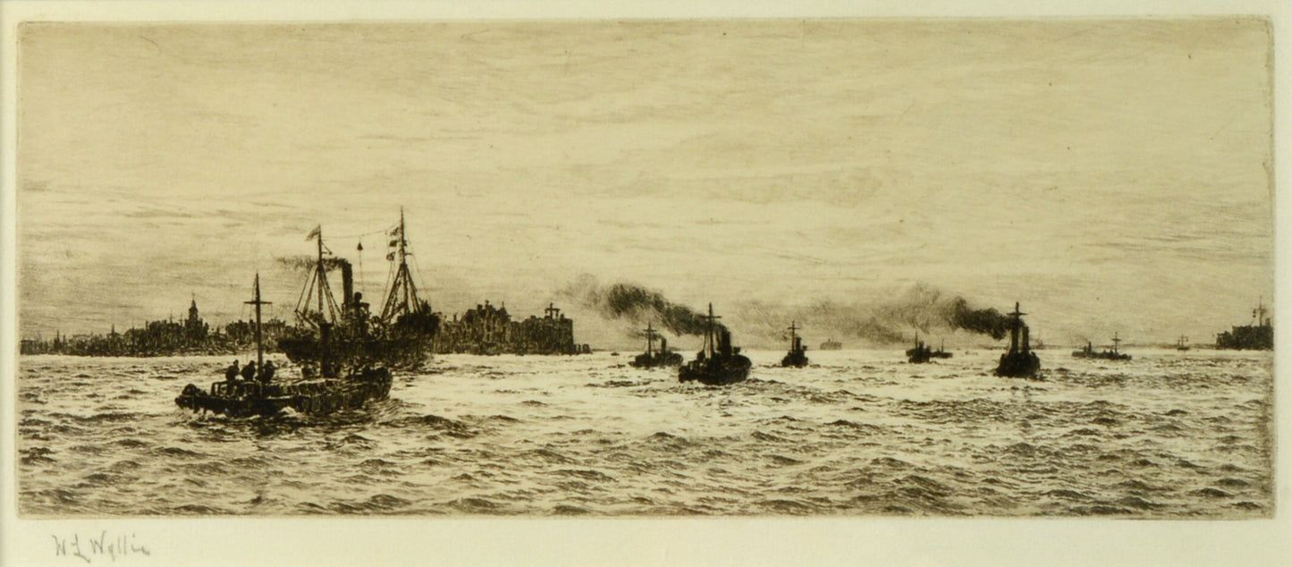 Old Portsmouth - Minesweepers Putting to Sea - Signed Etching by W.L. Wyllie