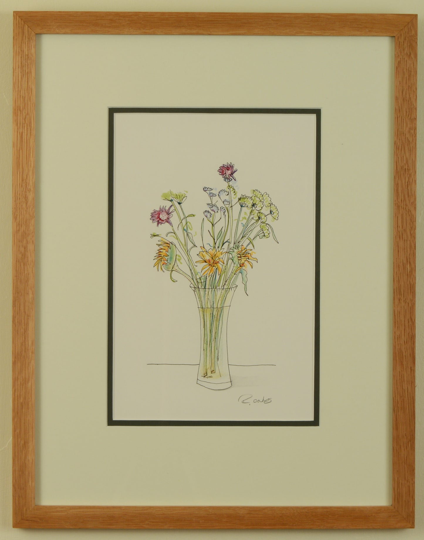 Posy of flowers in a vase - pen and wash drawing by Richard Oakes