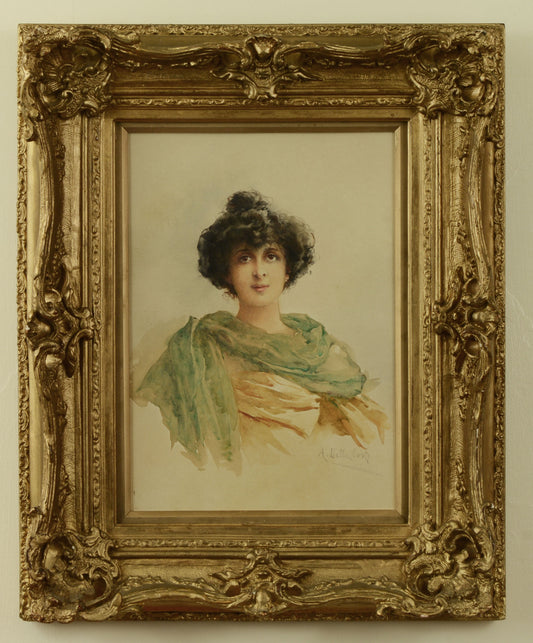 A Neapolitan Beauty in an Antique Frame - watercolour by Aurelia Della Corte