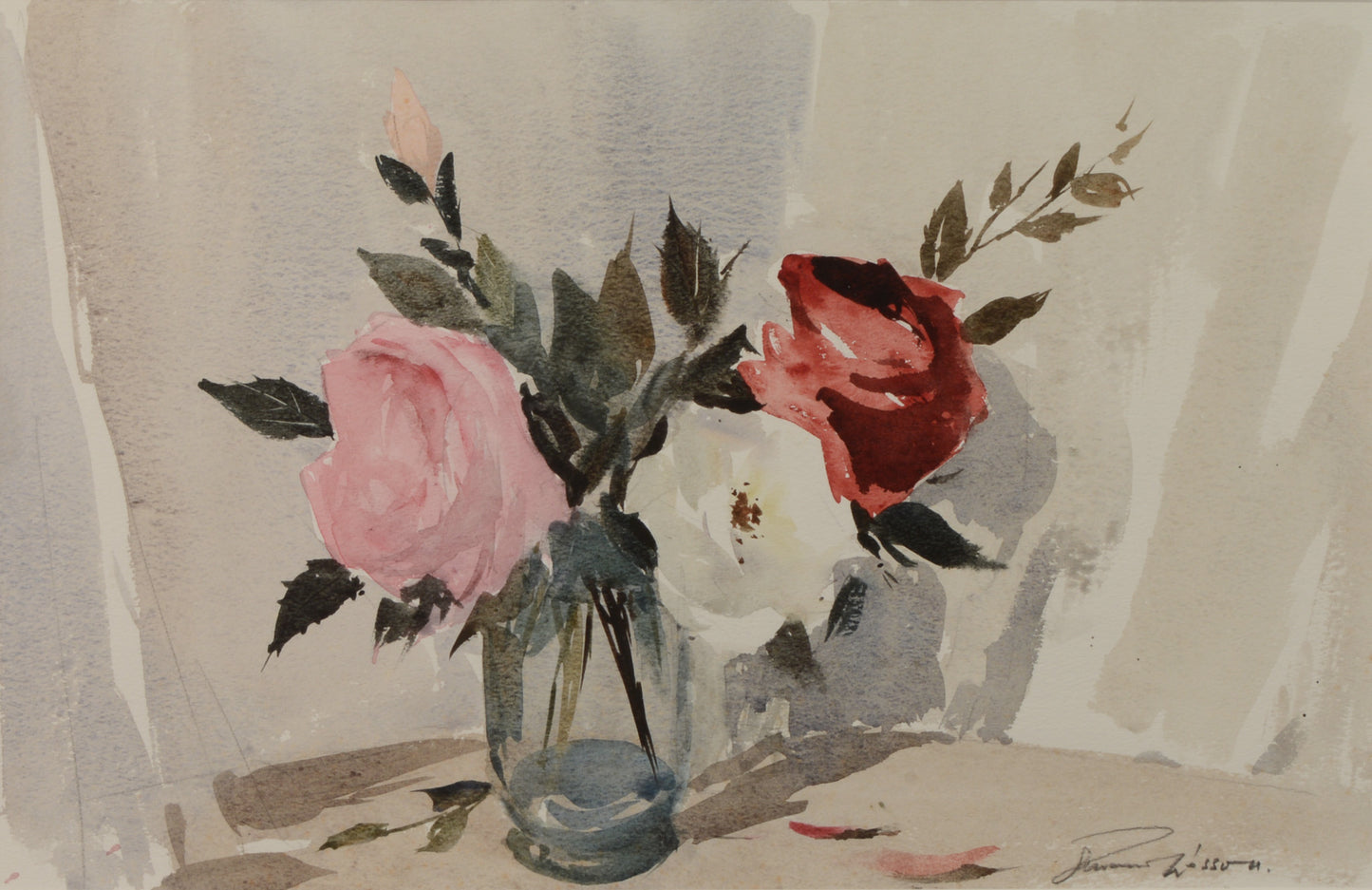 Red, Pink & White Roses - Watercolour by Edward Wesson