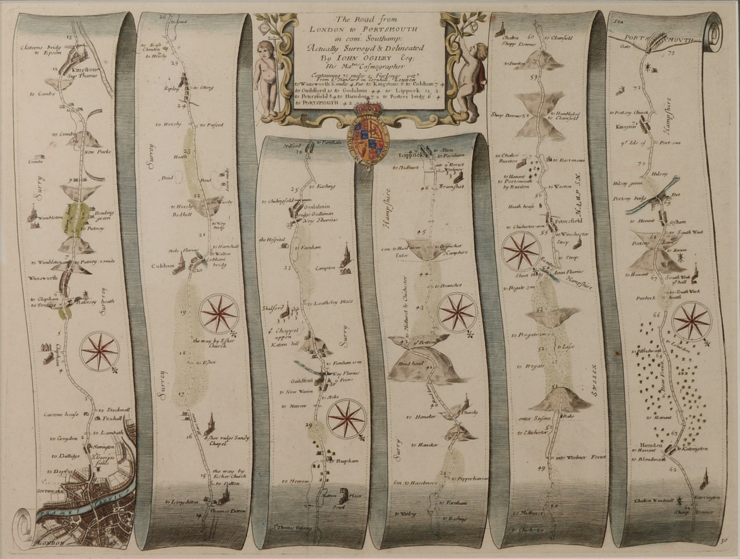 Antique Map of the Road from London to Portsmouth by John Ogilby