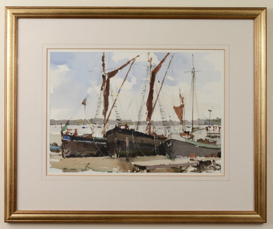 Barges at Pin Mill - Watercolour by John Yardley