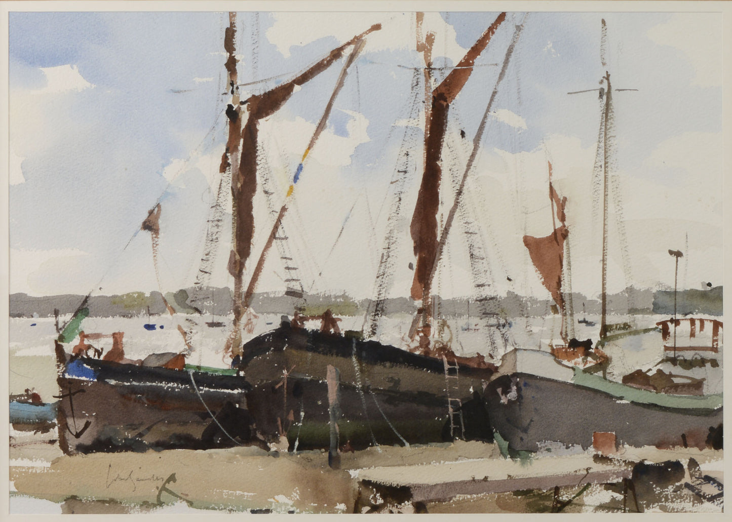 Barges at Pin Mill - Watercolour by John Yardley