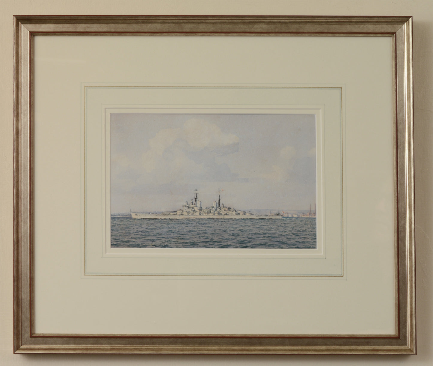 HMS Vanguard passing Old Portsmouth - Watercolour by Kenneth Yockney