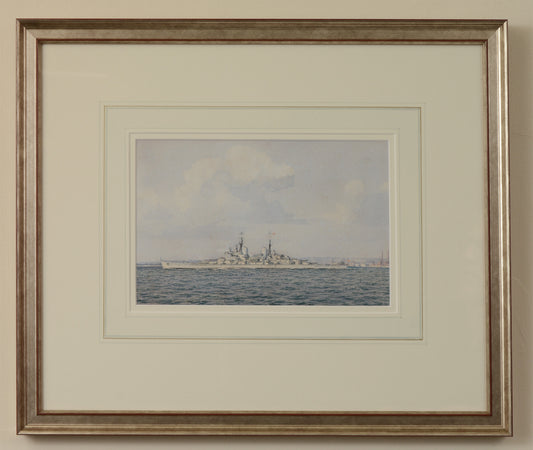 HMS Vanguard passing Old Portsmouth - Watercolour by Kenneth Yockney