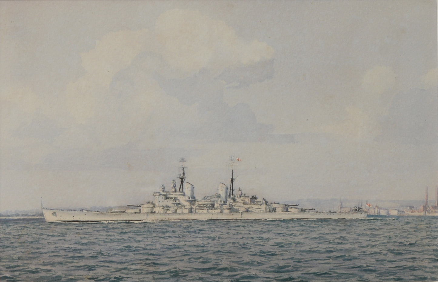 HMS Vanguard passing Old Portsmouth - Watercolour by Kenneth Yockney