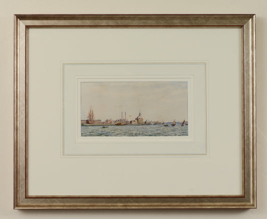 Portsmouth Dockyard with HMS Victory - Watercolour by Kenneth Yockney