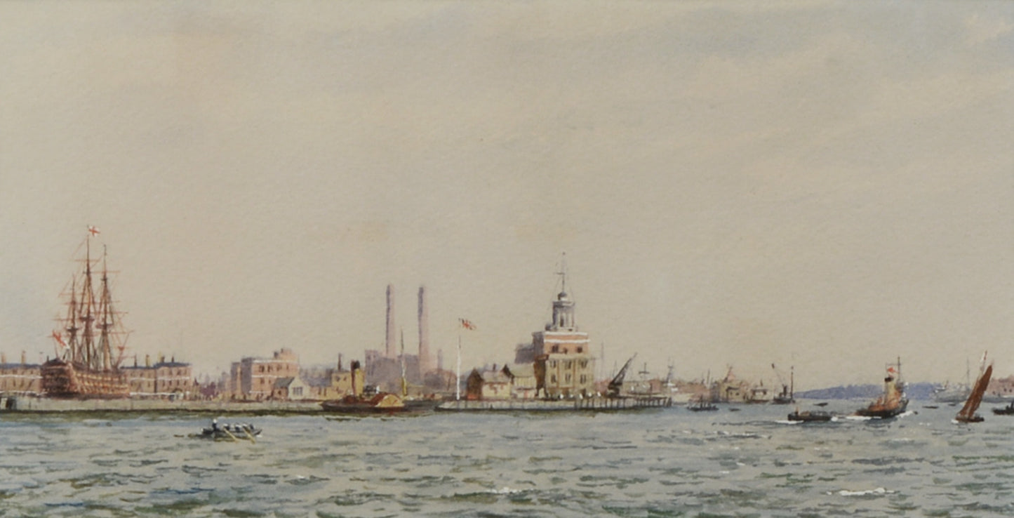 Portsmouth Dockyard with HMS Victory - Watercolour by Kenneth Yockney