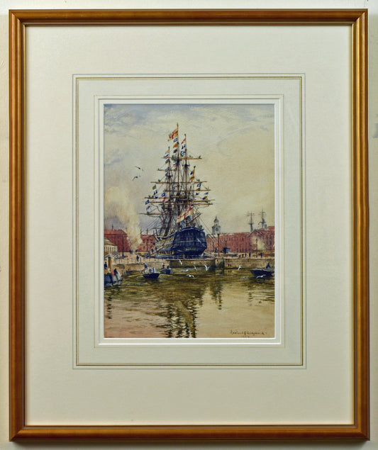 Watercolour of Victory in Dry Dock by Rowland Langmaid, 1954
