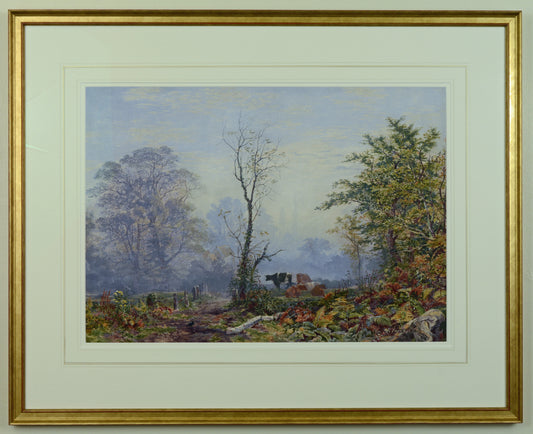 Victorian watercolour of a rural landscape including cattle, from a watercolour by Martin Snape painted in 1876