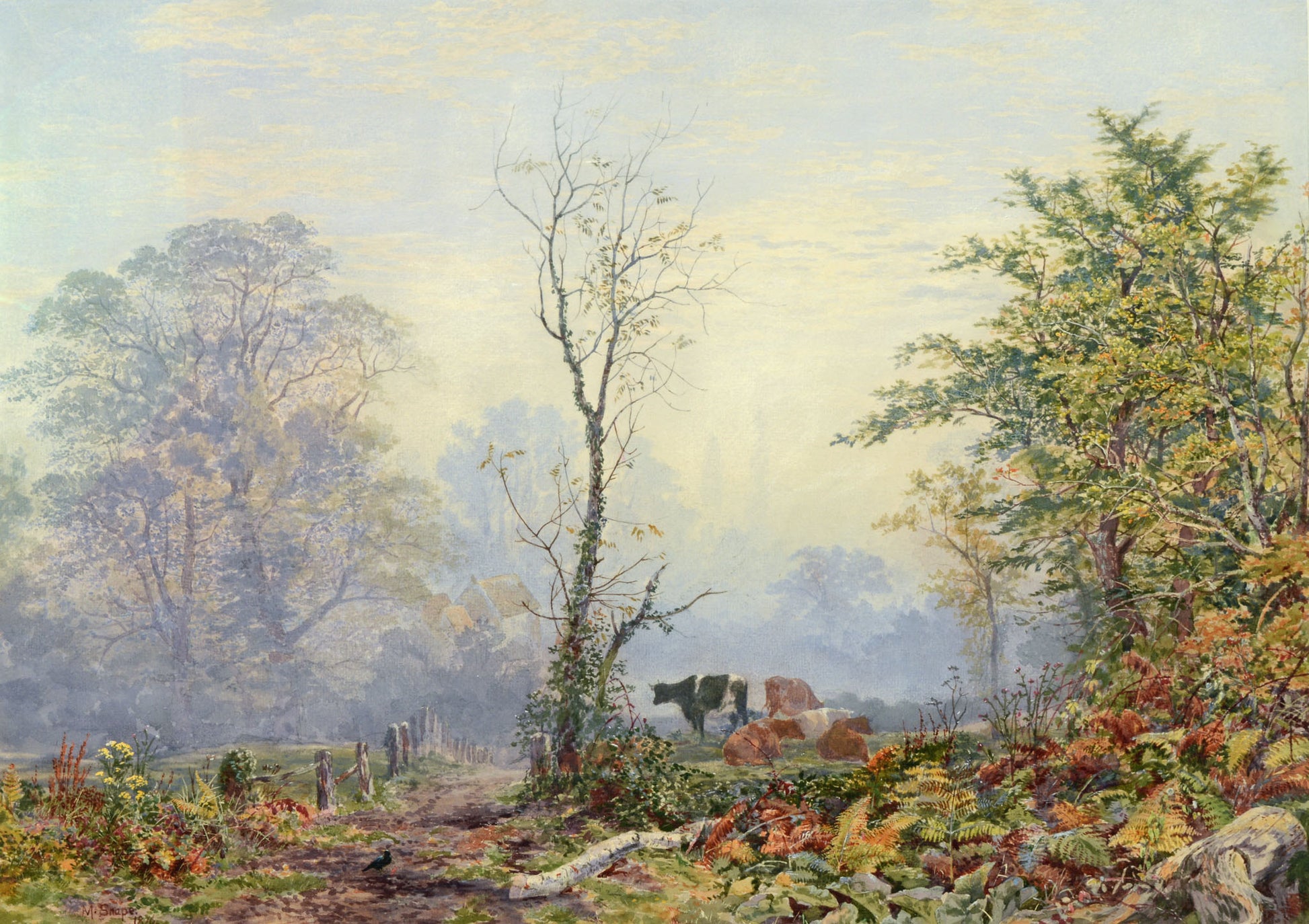 Victorian watercolour of a rural landscape including cattle, from a watercolour by Martin Snape painted in 1876