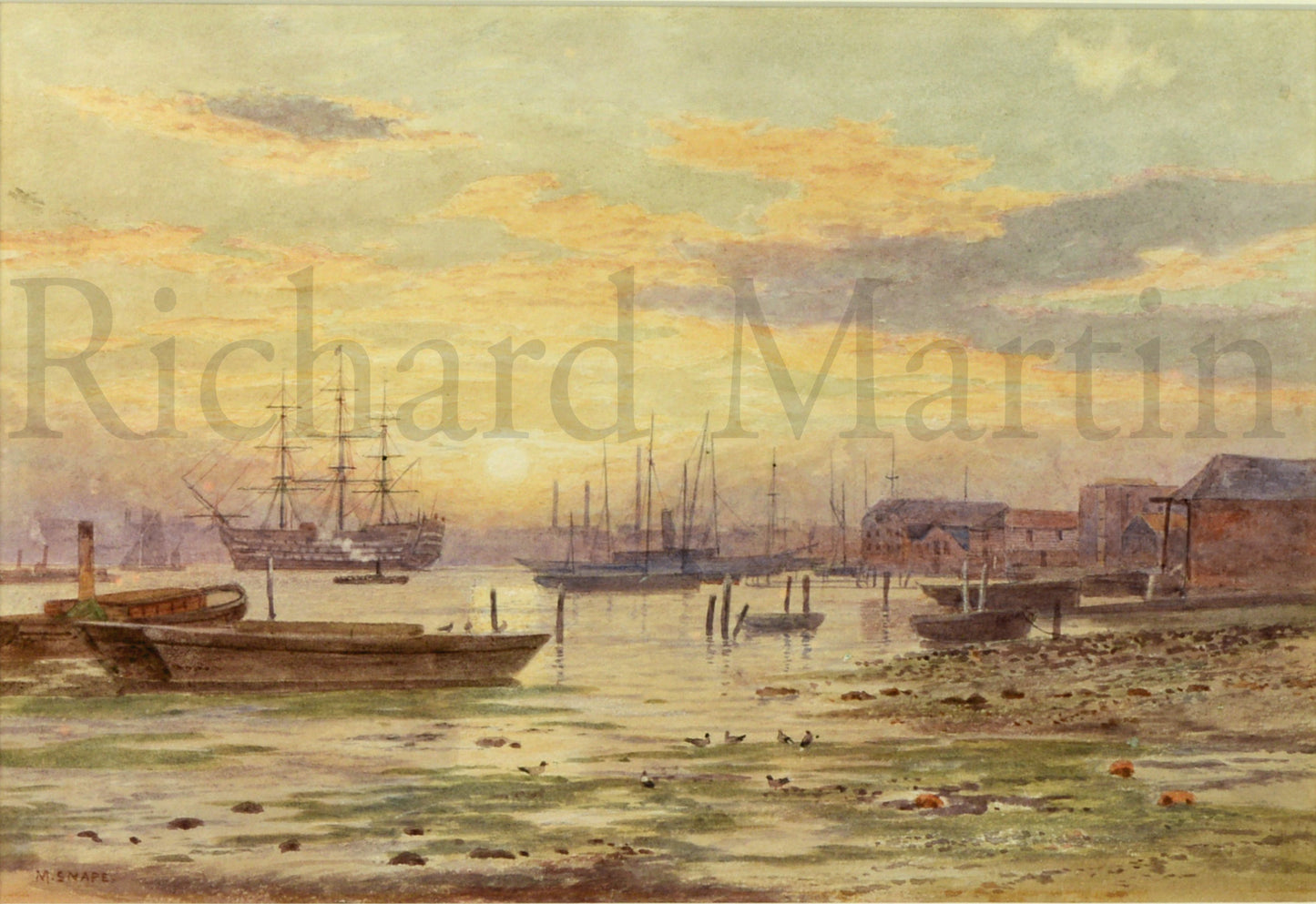Sunrise over Portsmouth Harbour - watercolour by Martin Snape