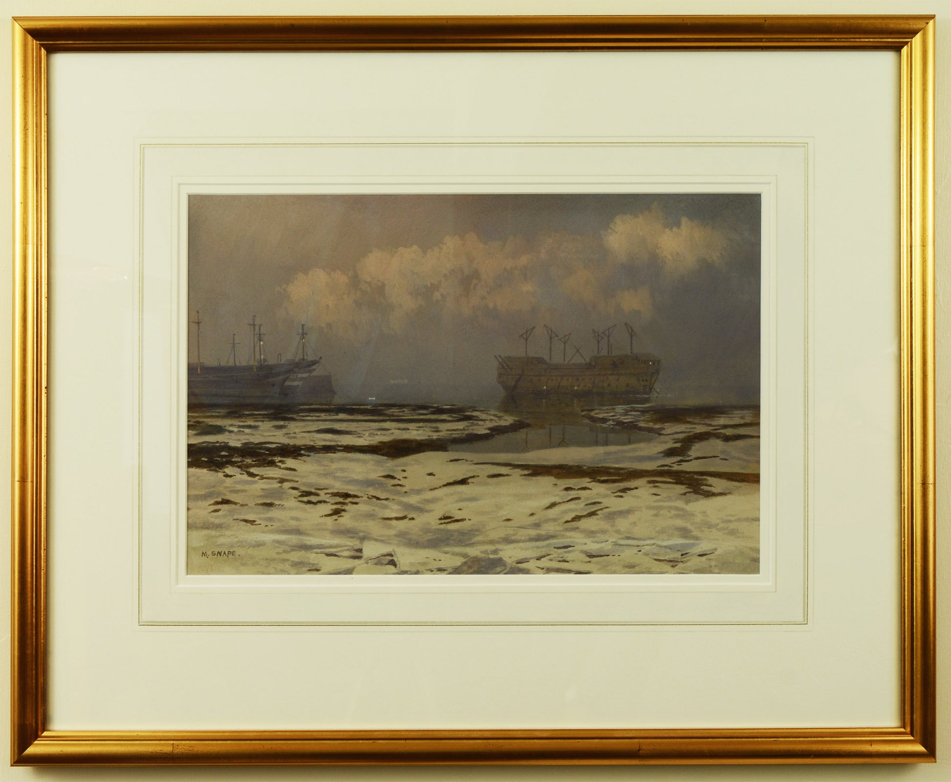 Hulks in a frozen Portsmouth Harbour, from a watercolour by Martin Snape, painted about 1904