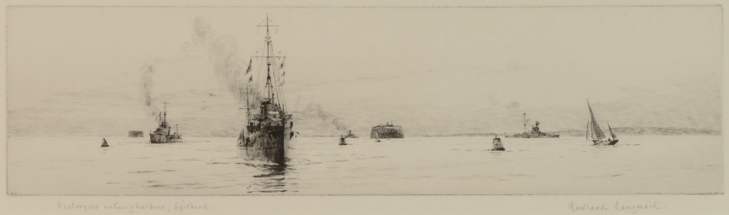 Destroyers Entering Harbour, Spithead - Signed Etching by Rowland Langmaid