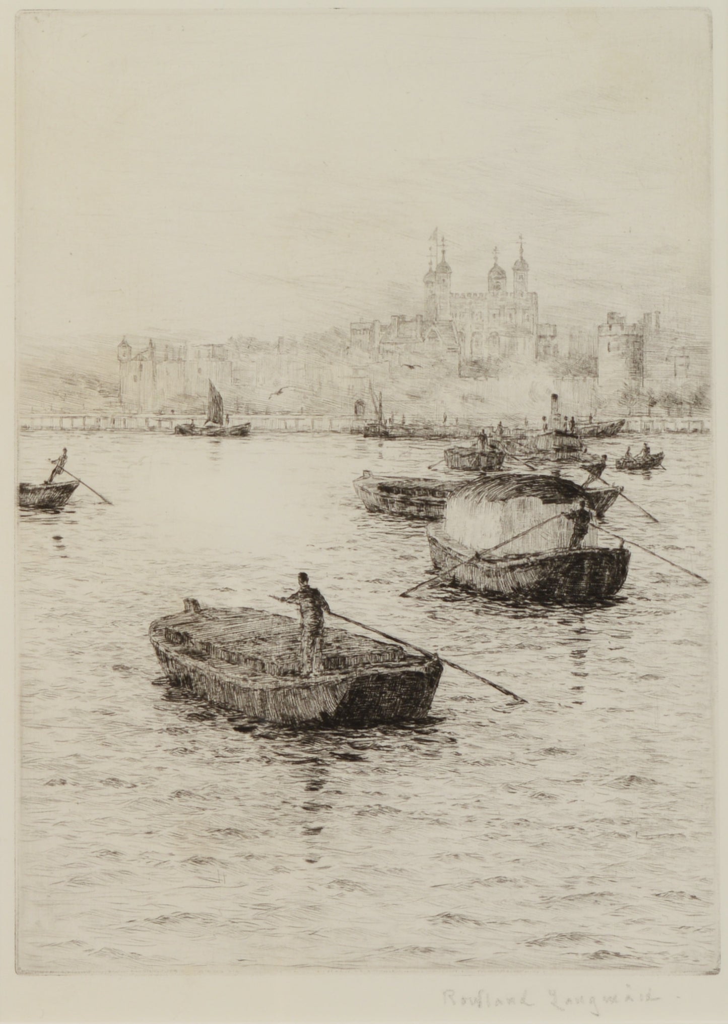 The Tower of London from The Thames - Signed Etching by Rowland Langmaid