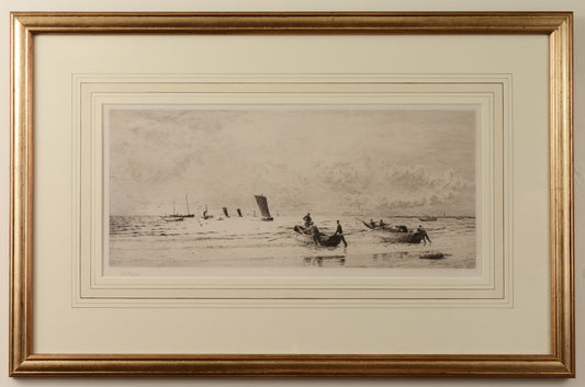 Cobles at Newbiggin, Northumberland - Signed Etching by W.L. Wyllie