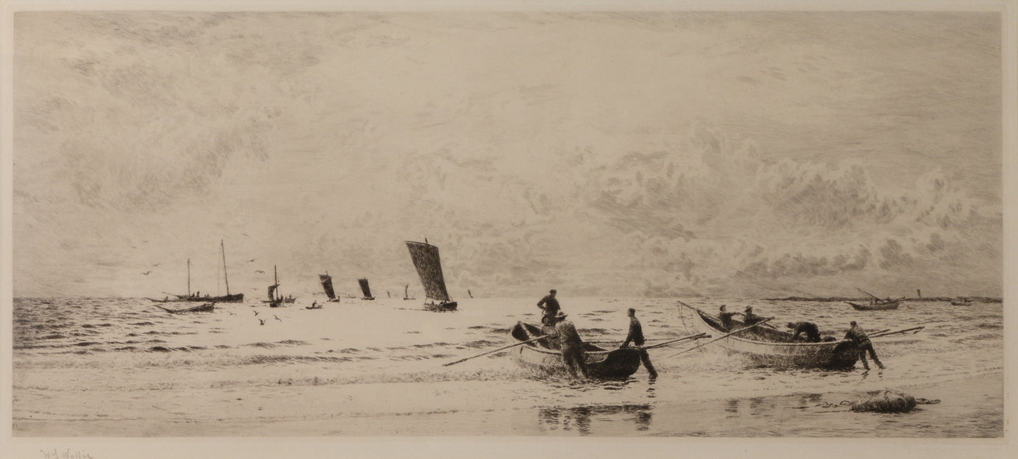 Cobles at Newbiggin, Northumberland - Signed Etching by W.L. Wyllie