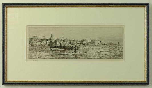 An Early Submarine entering Portsmouth Harbour - signed etching by W.L. Wyllie