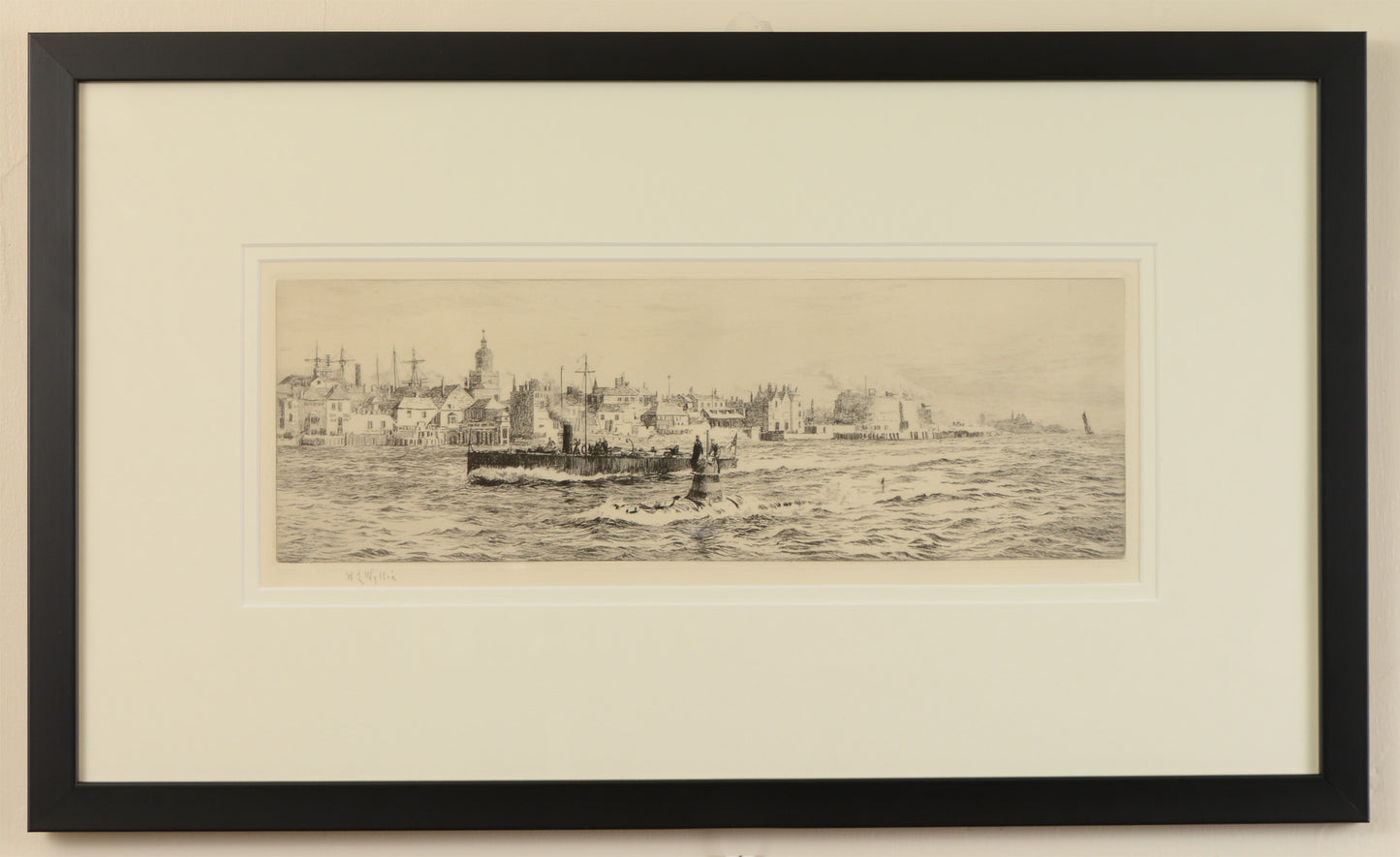 An Early Submarine entering Portsmouth Harbour - signed etching by W.L. Wyllie