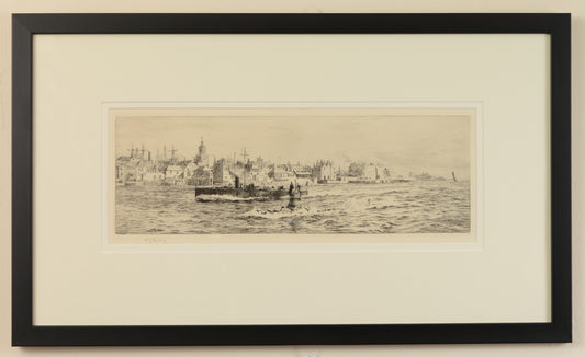 An Early Submarine entering Portsmouth Harbour - signed etching by W.L. Wyllie