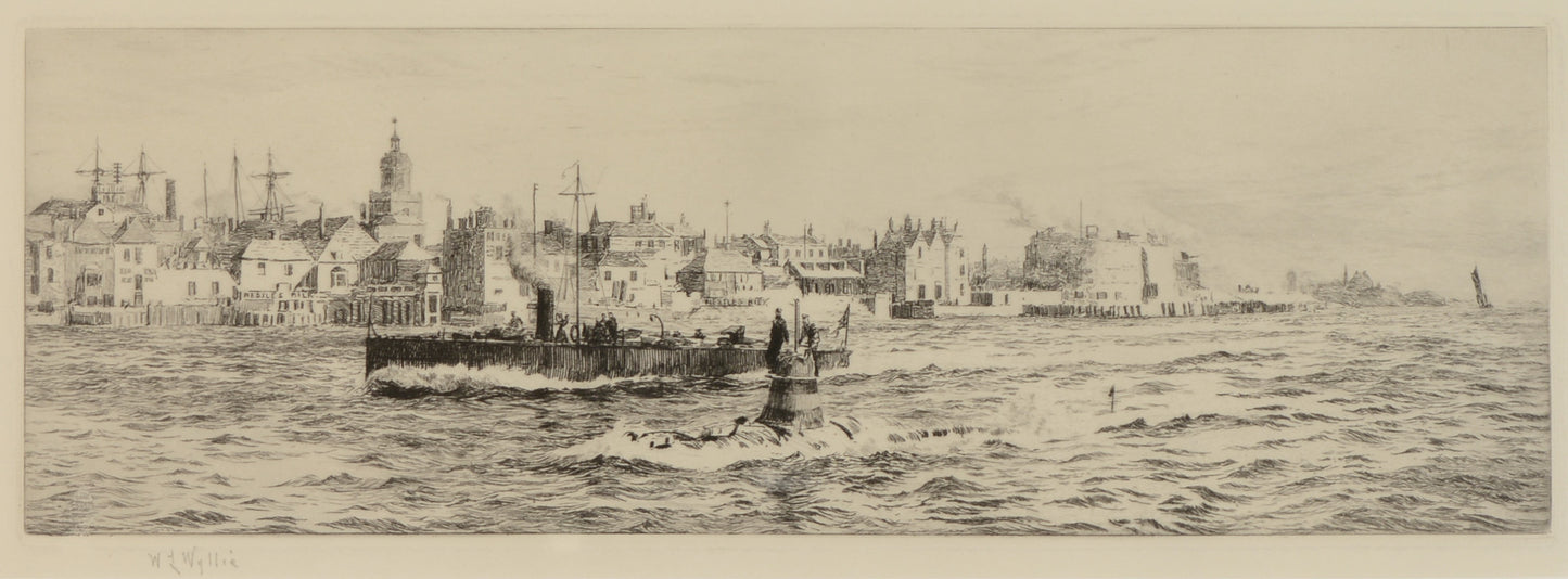 An Early Submarine entering Portsmouth Harbour - signed etching by W.L. Wyllie