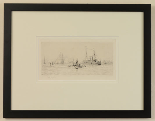 Early Submarines and Shipping in Portsmouth Harbour - signed etching by W.L. Wyllie
