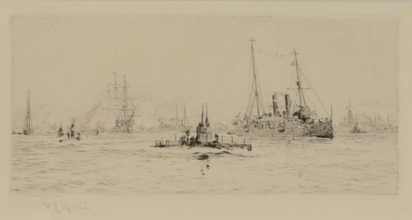 Early Submarines and Shipping in Portsmouth Harbour - signed etching by W.L. Wyllie