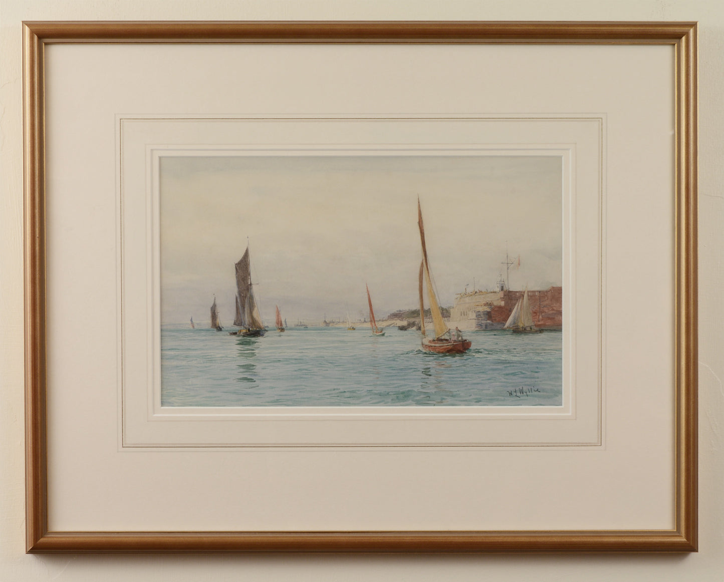 Sailing Craft off Fort Blockhouse, Gosport - signed watercolour by W.L. Wyllie