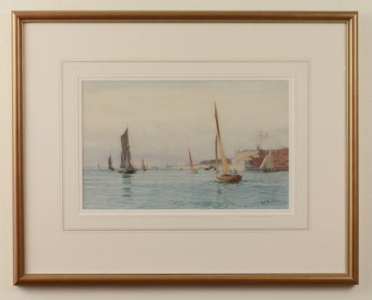 Sailing Craft off Fort Blockhouse, Gosport - signed watercolour by W.L. Wyllie