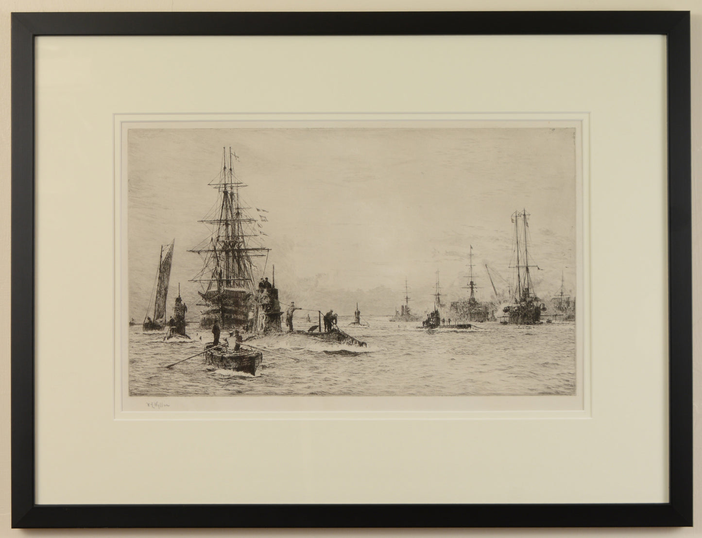 HMS Victory and Early Submarines in Portsmouth Harbour - signed Etching by W.L. Wyllie
