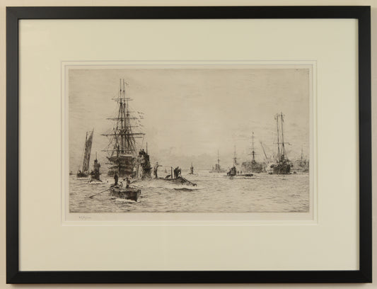 HMS Victory and Early Submarines in Portsmouth Harbour - signed Etching by W.L. Wyllie