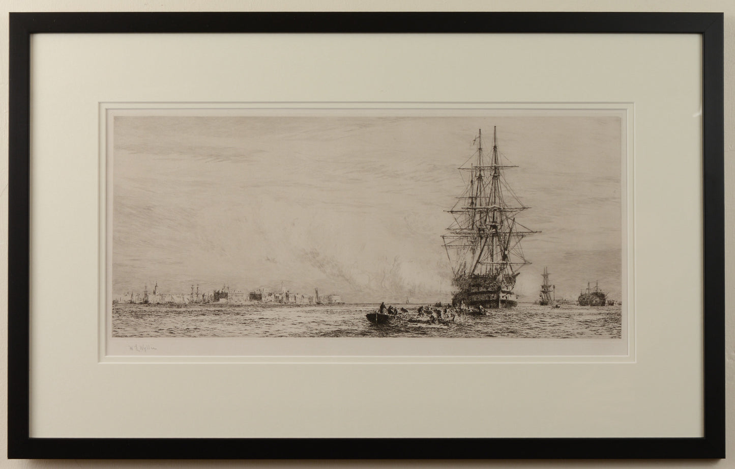 HMS Victory firing a salute in Portsmouth Harbour - signed etching by W.L. Wyllie