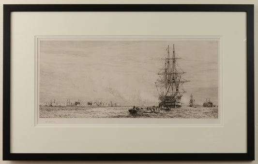 HMS Victory firing a salute in Portsmouth Harbour - signed etching by W.L. Wyllie