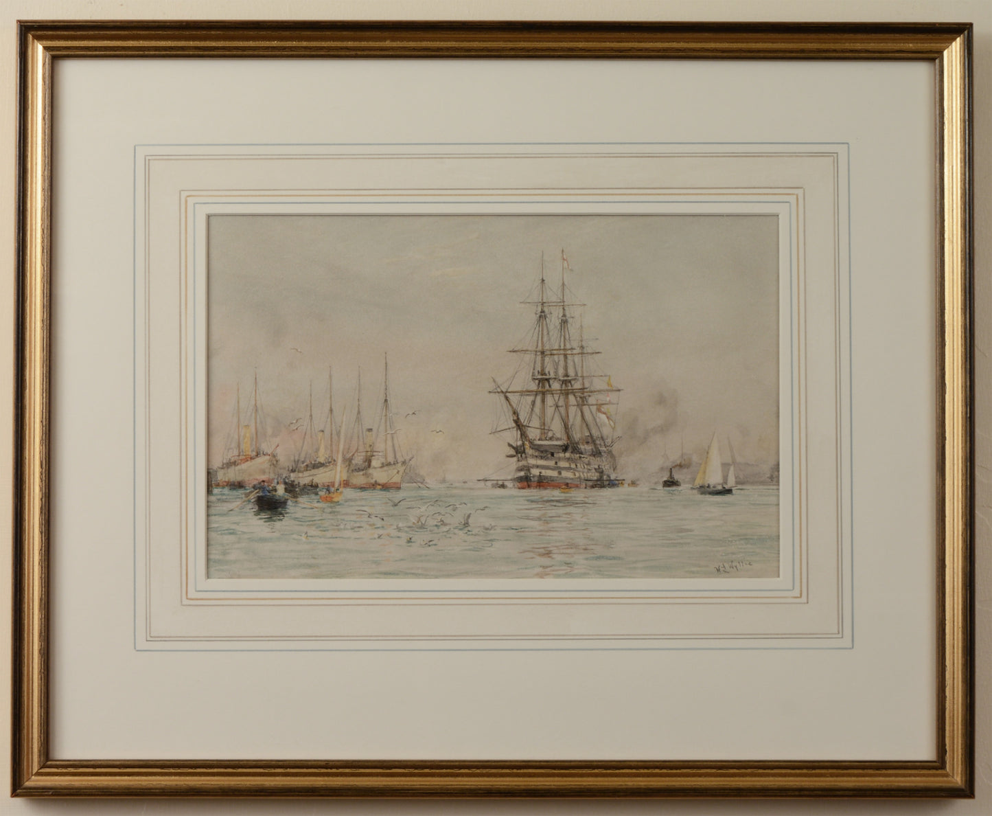 HMS Victory in Portsmouth Harbour - signed watercolour by W.L. Wyllie