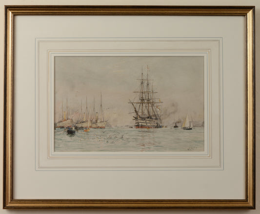 HMS Victory in Portsmouth Harbour - signed watercolour by W.L. Wyllie
